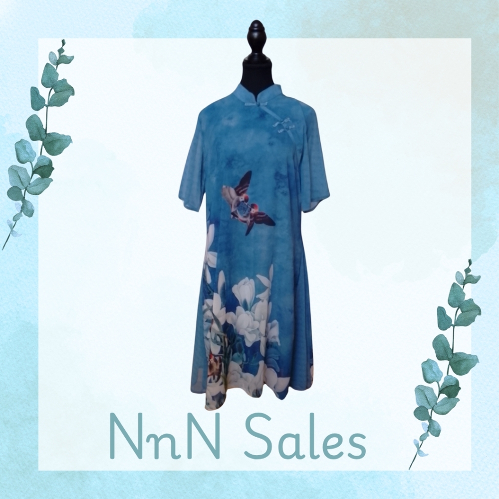 Blue Floral Dress with Bird Design